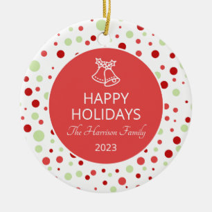 Jingle Bell Polka Dot Happy Holidays Family Ceramic Tree Decoration