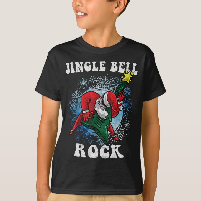 Jingle Bell Rock Santa Playing Guitar Christmas Fu T-Shirt (Front)