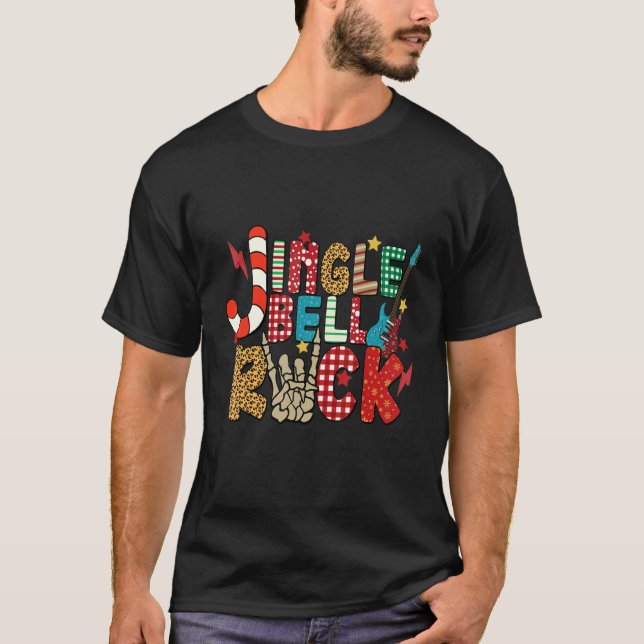 Jingle Bell Rock Skeleton Hands Electric Guitar Ro T-Shirt (Front)