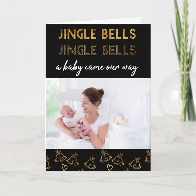 Jingle Bells Black Gold Photo New Baby Holiday Card (Front)