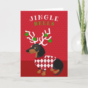 Jingle Bells Cute Dachshund with Antlers Christmas Holiday Card