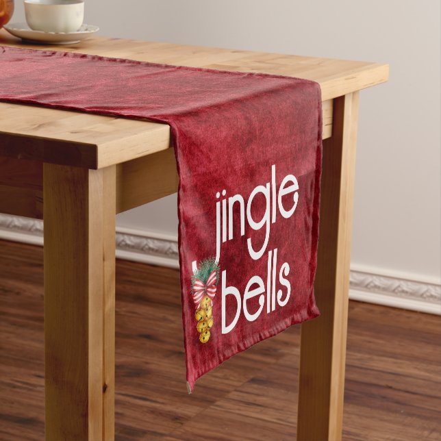 Jingle Bells Faux Red Velvet Texture Christmas Short Table Runner (In Situ)