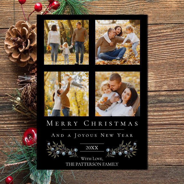 Jingle Bells Photo Collage Christmas | Black Holiday Card (Black Jingle Bells Four Photo Christmas Holiday Card)