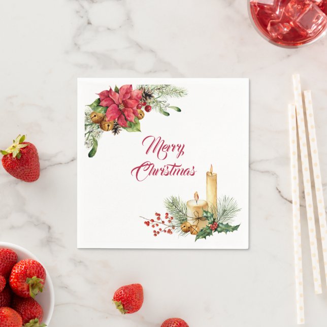 Jingle Bells, Poinsettia, and Candles Christmas Napkin (Insitu)