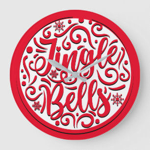 Jingle bells red white typography Christmas song  Large Clock