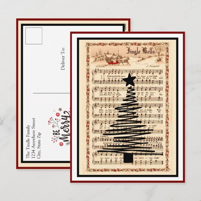 "Jingle Bells" Vintage Sheet Music Christmas Holiday Postcard (Front/Back)
