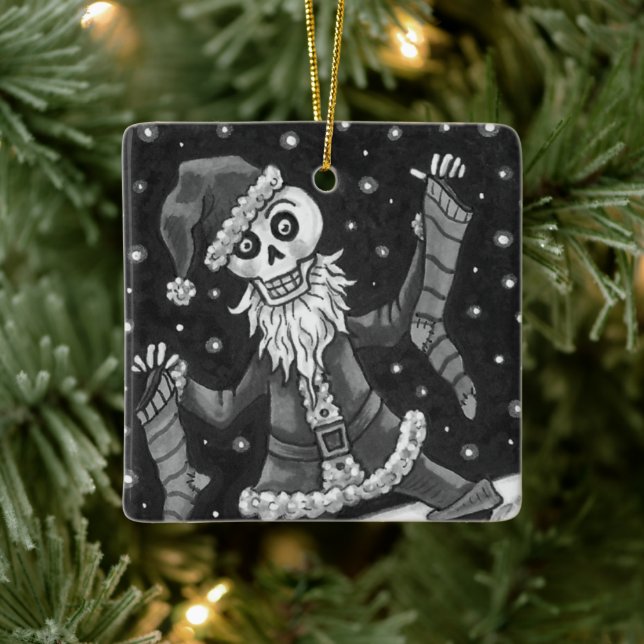 JINGLE BONES SANTA, HOLIDAY SKELETON & STOCKINGS CERAMIC ORNAMENT (Tree)