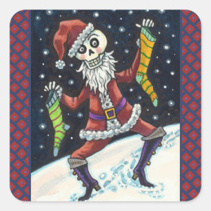JINGLE BONES SANTA, HOLIDAY SKELETON & STOCKINGS SQUARE STICKER