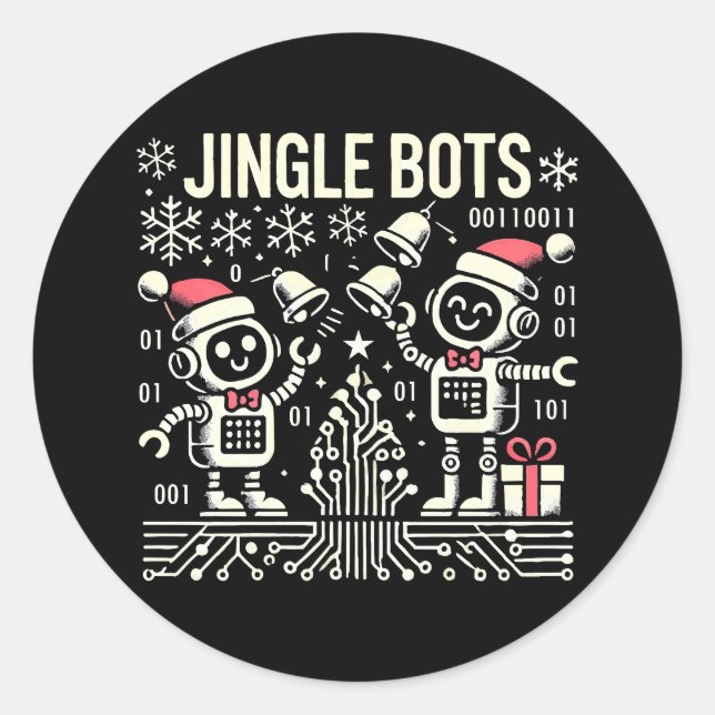 Jingle Bots Festive Holiday Robots with Santa Hats Classic Round Sticker (Front)