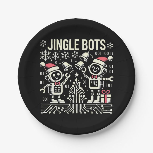 Jingle Bots Festive Holiday Robots with Santa Hats Paper Plate (Front)