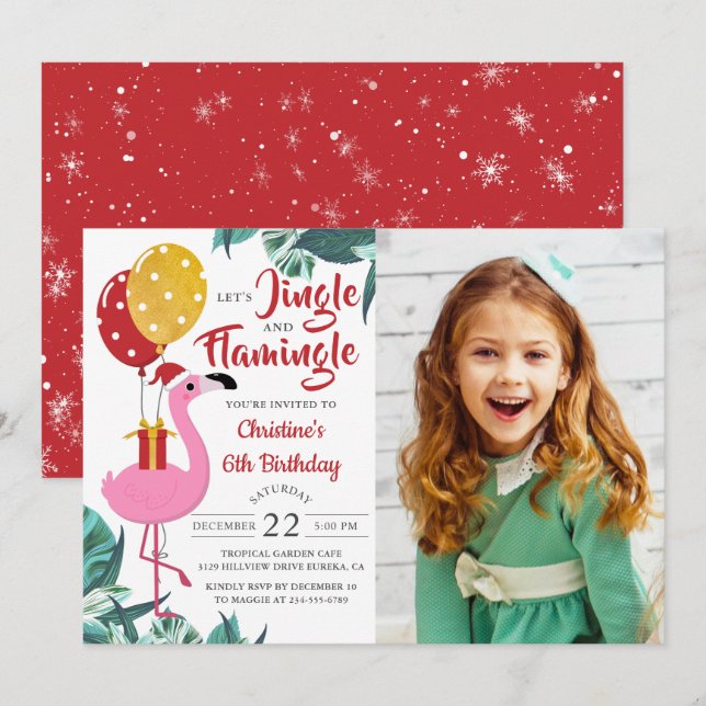 Jingle Flamingo Tropical Christmas Birthday Photo Invitation (Front/Back)