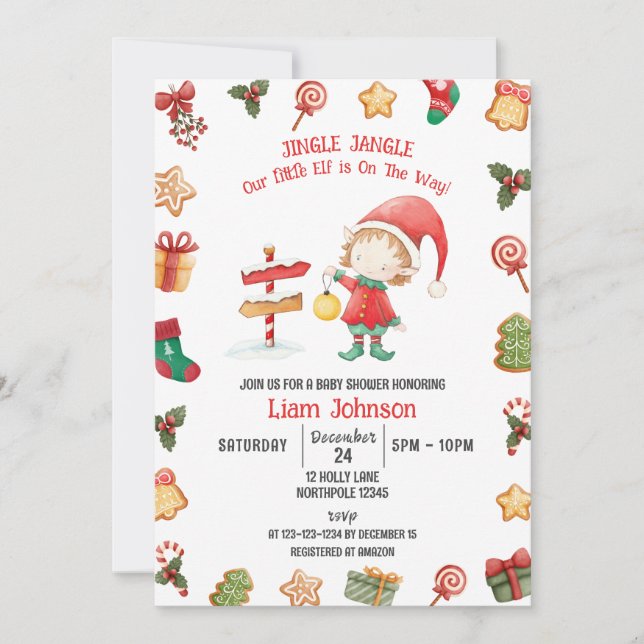 Jingle Jangle Little Elf, Christmas Baby Shower Invitation (Front)