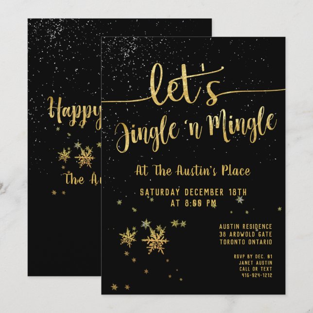Jingle Mingle Black Gold Calligraphy Holiday Party Invitation (Front/Back)