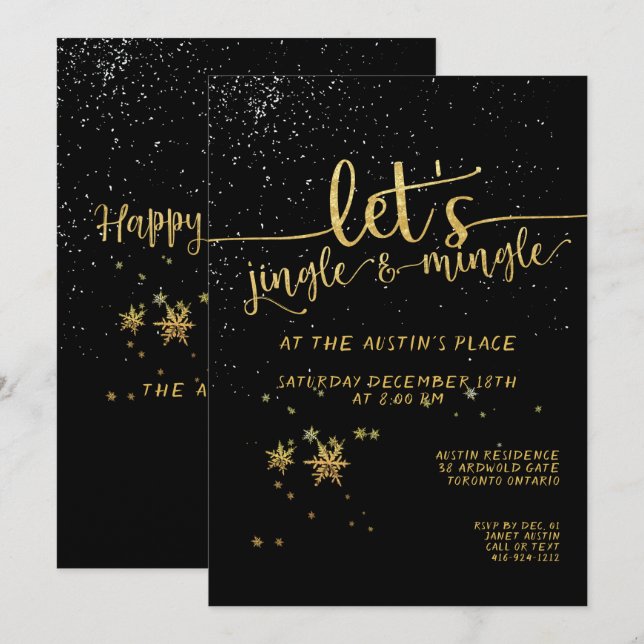 Jingle Mingle Black Gold Calligraphy Holiday Party Invitation (Front/Back)