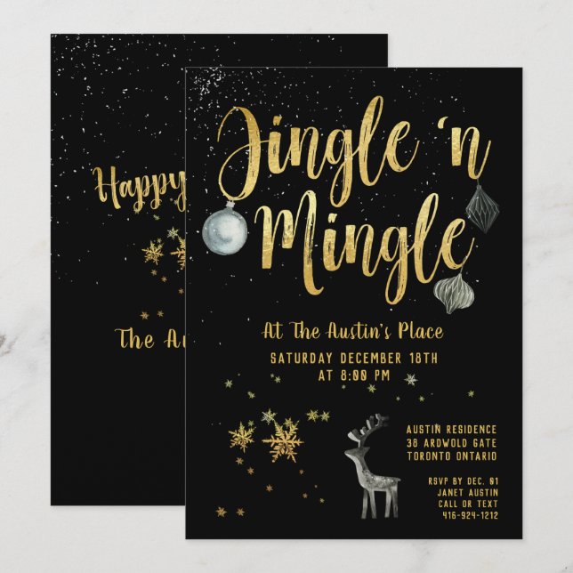 Jingle Mingle Black Gold Calligraphy Holiday Party Invitation (Front/Back)