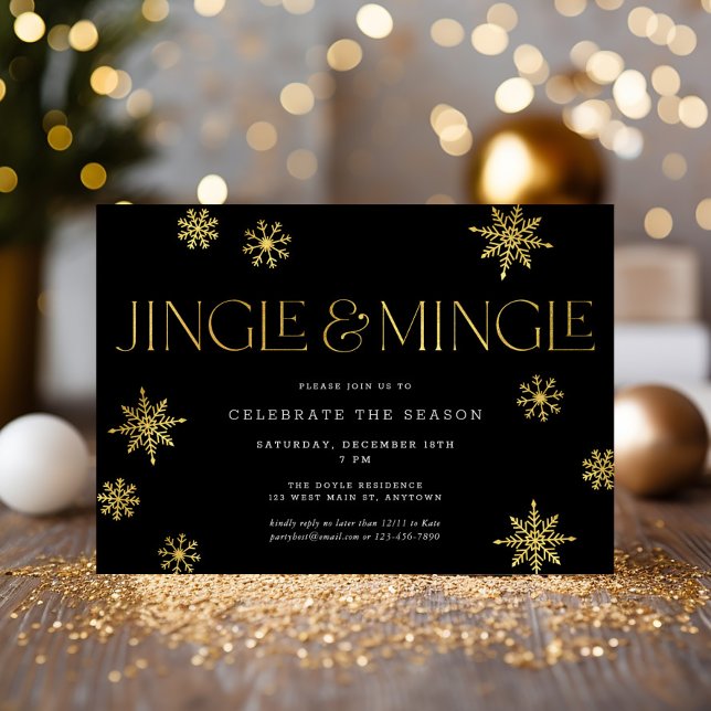 Jingle & Mingle Black Gold Snowflake Holiday Party Invitation (Creator Uploaded)