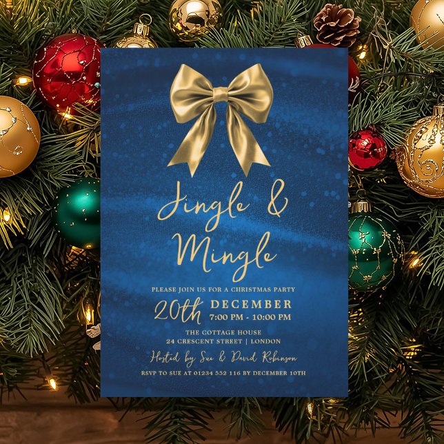 Jingle Mingle Christmas Gold Bow Silver Blue  Invitation (Jingle Mingle Christmas Gold Bow Silver Blue Invitation)