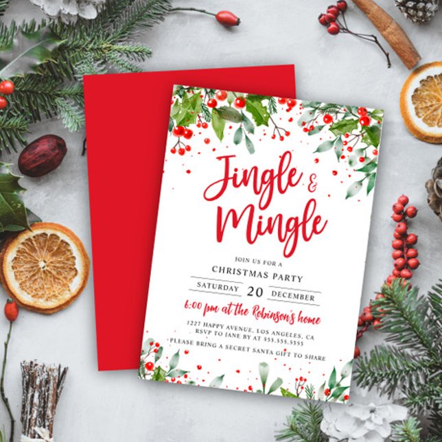 Jingle & Mingle Christmas Party Holly Berries Invitation (Creator Uploaded)