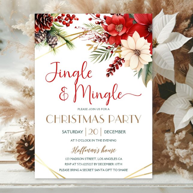 Jingle & Mingle Christmas Party Red Poinsettia Invitation (Creator Uploaded)