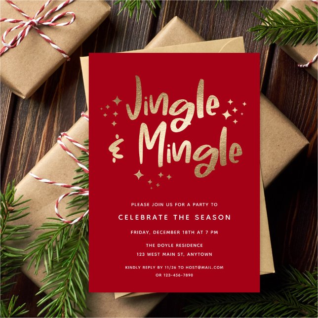 Jingle & Mingle Faux Gold Foil Red | Holiday Party Invitation (Creator Uploaded)