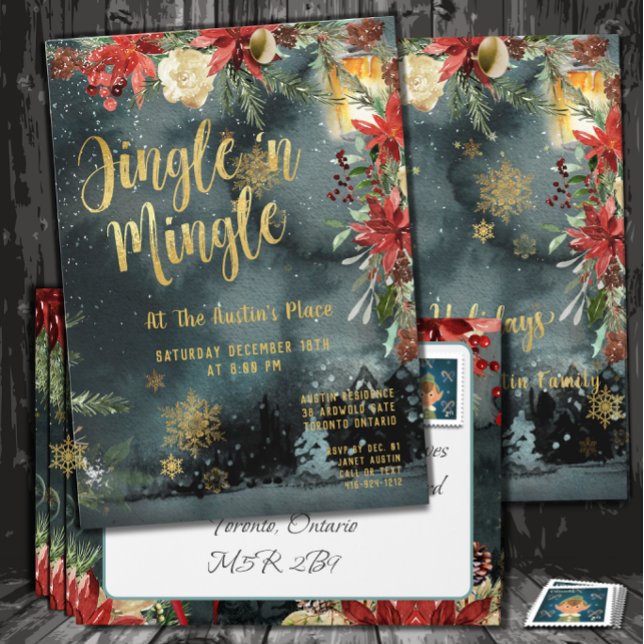 Jingle & Mingle Gold Floral Greenery Holiday Party Invitation (Creator Uploaded)