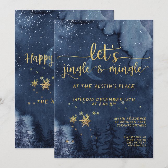 Jingle & Mingle Gold Winter Woodland Holiday Party Invitation (Front/Back)