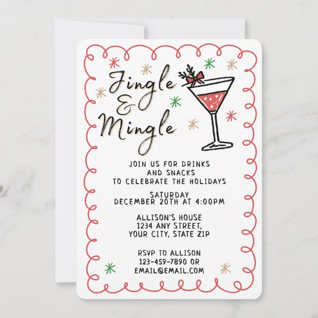 Jingle & Mingle Hand Drawn Christmas Holiday Party Invitation (Front)