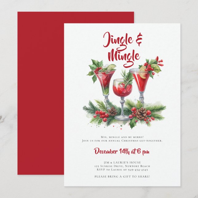 Jingle Mingle Holiday Cocktail Red Christmas Party Invitation (Front/Back)