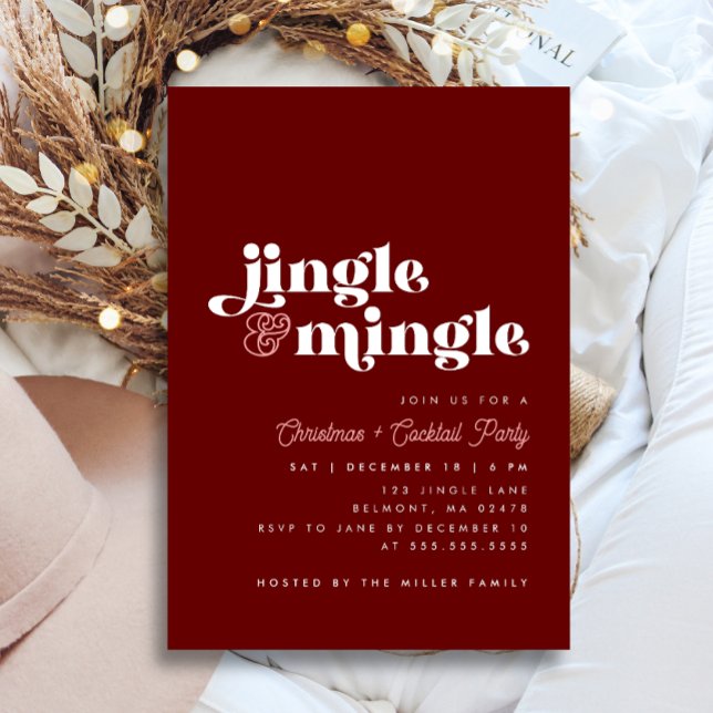 Jingle Mingle Modern Maroon Holiday Cocktail Party Invitation (Creator Uploaded)