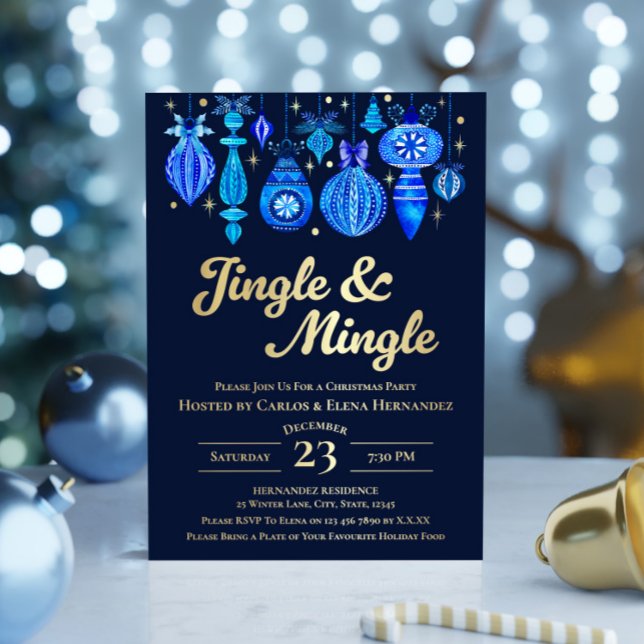 Jingle & Mingle Navy Christmas Baubles Watercolor (Jingle & Mingle Navy Christmas Baubles Watercolor Foil Invitation)