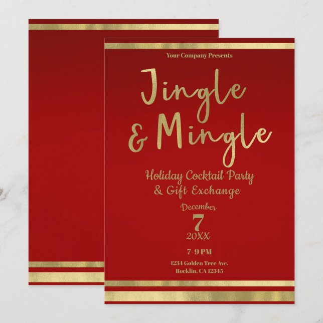 Jingle & Mingle Red Gold Corporate Christmas Party Invitation (Front/Back)