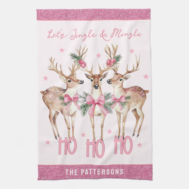 Jingle Mingle Reindeer Custom Name Gift Tea Towel (Vertical)
