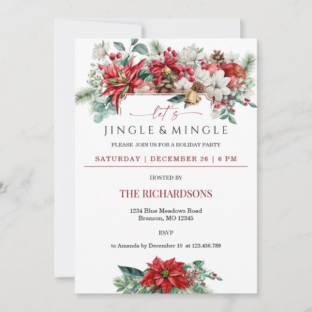 Jingle & Mingle Watercolor Floral Christmas Party Invitation (Front)