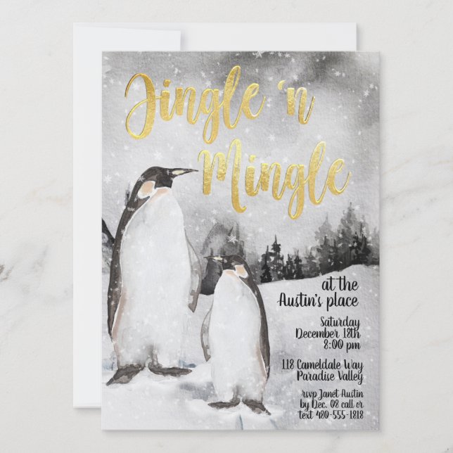 Jingle & Mingle Watercolor Penguins Party Invite (Front)