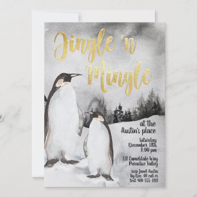 Jingle & Mingle Watercolor Penguins Party Invite (Front)