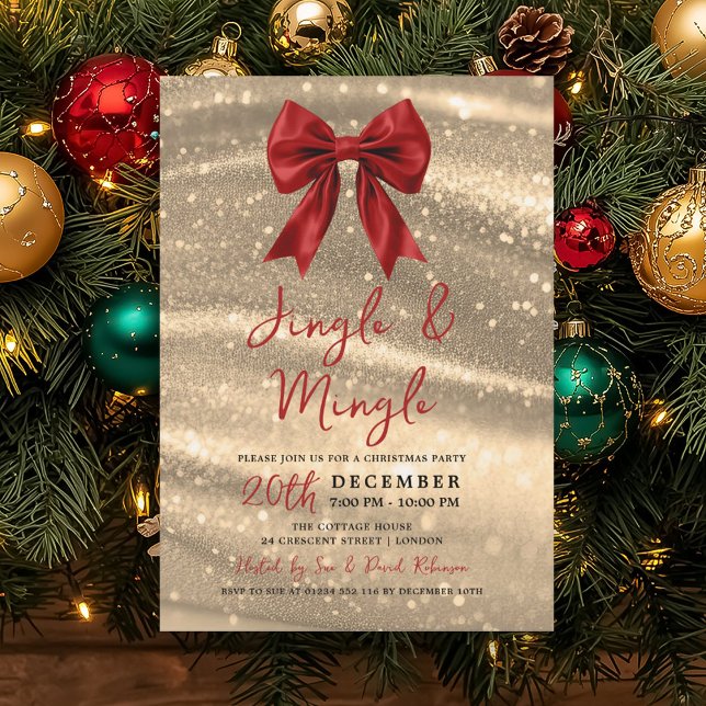 Jingle & Mingle Xmas Party Gold Sparkle Red Bow  Invitation (Jingle & Mingle Xmas Party Gold Sparkle Red Bow Invitation)