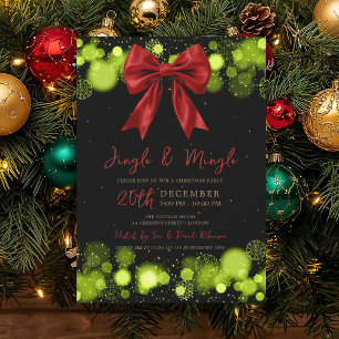 Jingle Mingle Xmas Party Winter Gold Bow Green Invitation
