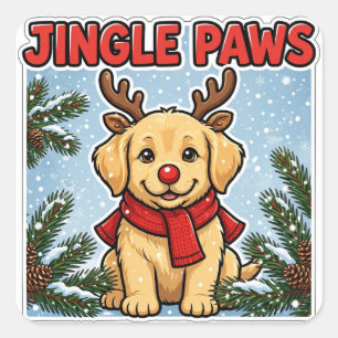 Jingle Paws Sticker — Golden Retriever Reindeer An