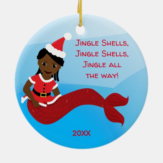 Jingle Shells Mermaid African American Santa Hat Ceramic Tree Decoration (Back)