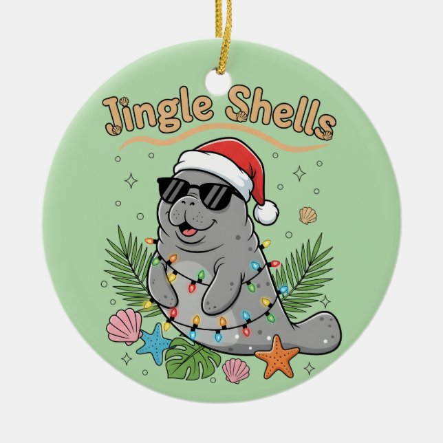 Jingle Shells Tropical Santa Manatee Christmas Ceramic Tree Decoration (Front)