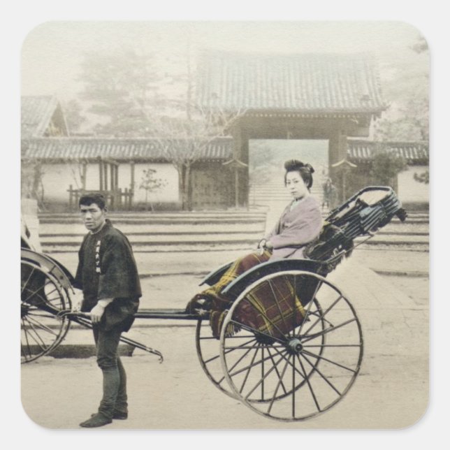 'Jinrikisha' in front of a temple, c.1880 (hand co Square Sticker (Front)