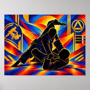 Jiu-Jitsu Fighters Attack & Defence Silhouette Poster