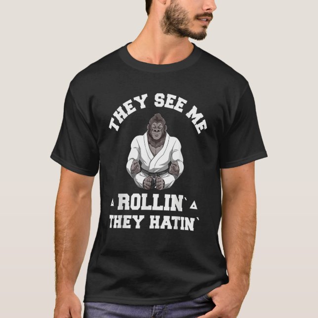   Jiu Jitsu Rollin   BJJ Grappling Gorilla T-Shirt (Front)