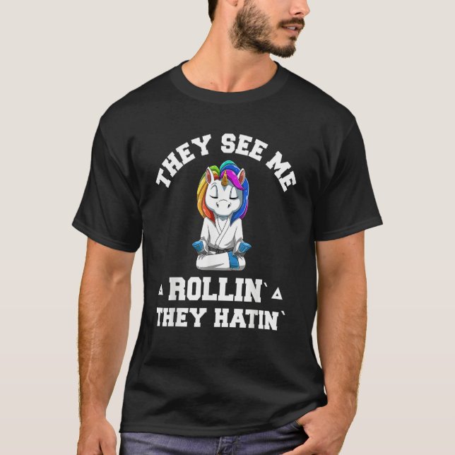 Jiu Jitsu Rollin   BJJ Grappling Unicorn T-Shirt (Front)