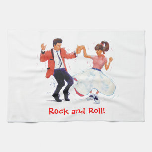 Jivers Classic 1950s Rock and Roll Dancing Cartoon Tea Towel