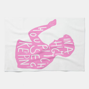 JJs silhouette housekeeping quote in pastel pink Tea Towel