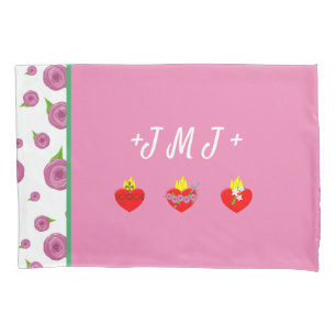 JMJ ~ Jesus Mary Joseph Pink & Green Pillowcase