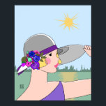 Joanne - Art Deco Portrait in Purple & Blue Poster<br><div class="desc">The lovely blonde Joanne at the waterfront. She wears a purple dress and poses against a hazy backdrop of dusty sea green water, pale blue sky and distant buildings in soft sage green. Her grey hat is adorned with a band of purple and flowers in bright shades of purples, pinks,...</div>