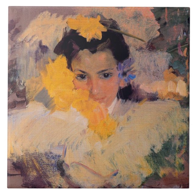 Joaquin Sorolla - Girl with Flowers Tile (Front)