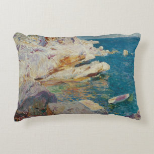 Joaquin Sorolla-Rocks of Javea and the White Boat Decorative Cushion